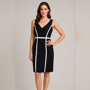 🌟 David Meister black sheath dress size 12 white piping 🌟